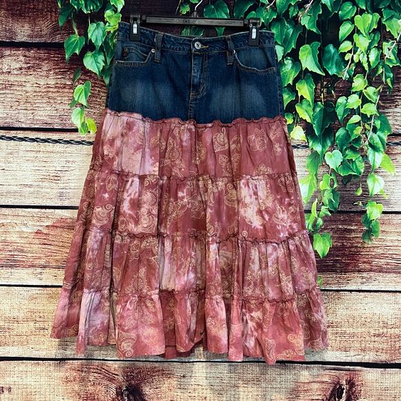 Free People Dresses & Skirts - Jalate Denim Tiered Midi Skirt Size 6 Mixed Media Jean Ruffle Boho Zodiac Henna